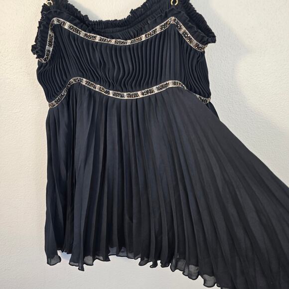 Express Design Top Women's M Black Silk Plisse Babydoll Empire Waist Beaded - Picture 11 of 11